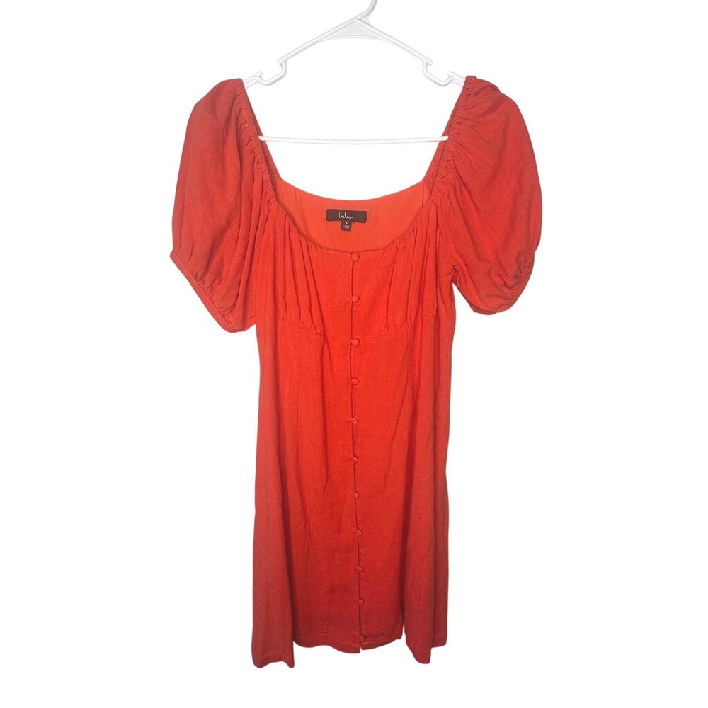 Lulus Mini Dress Women Size S Orange Red Excellent Puff Sleeve Button Front